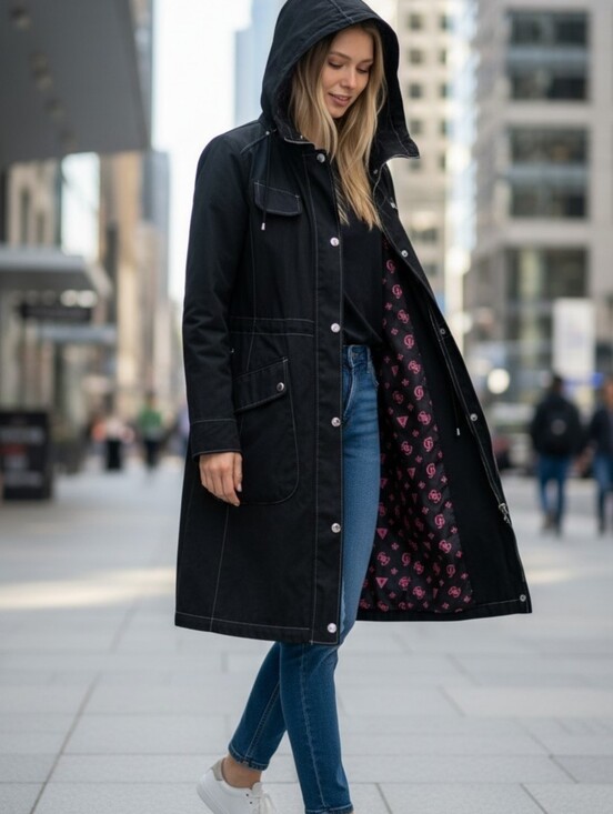 Guess Jackets & Blazers - Guess Women’s Black Utility Trench Coat Jacket with Monogram Lining
